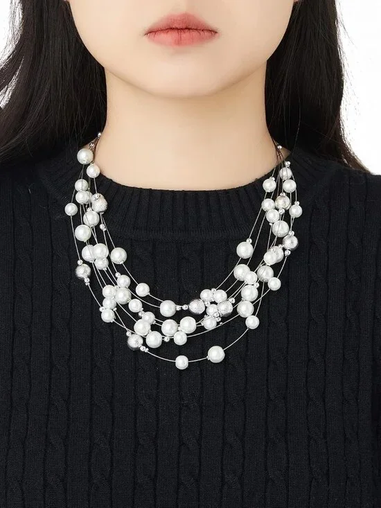 Layered Pearl Necklace Multi-strand Pearl Choker Necklaces for Women Beaded jewe - Picture 5 of 6